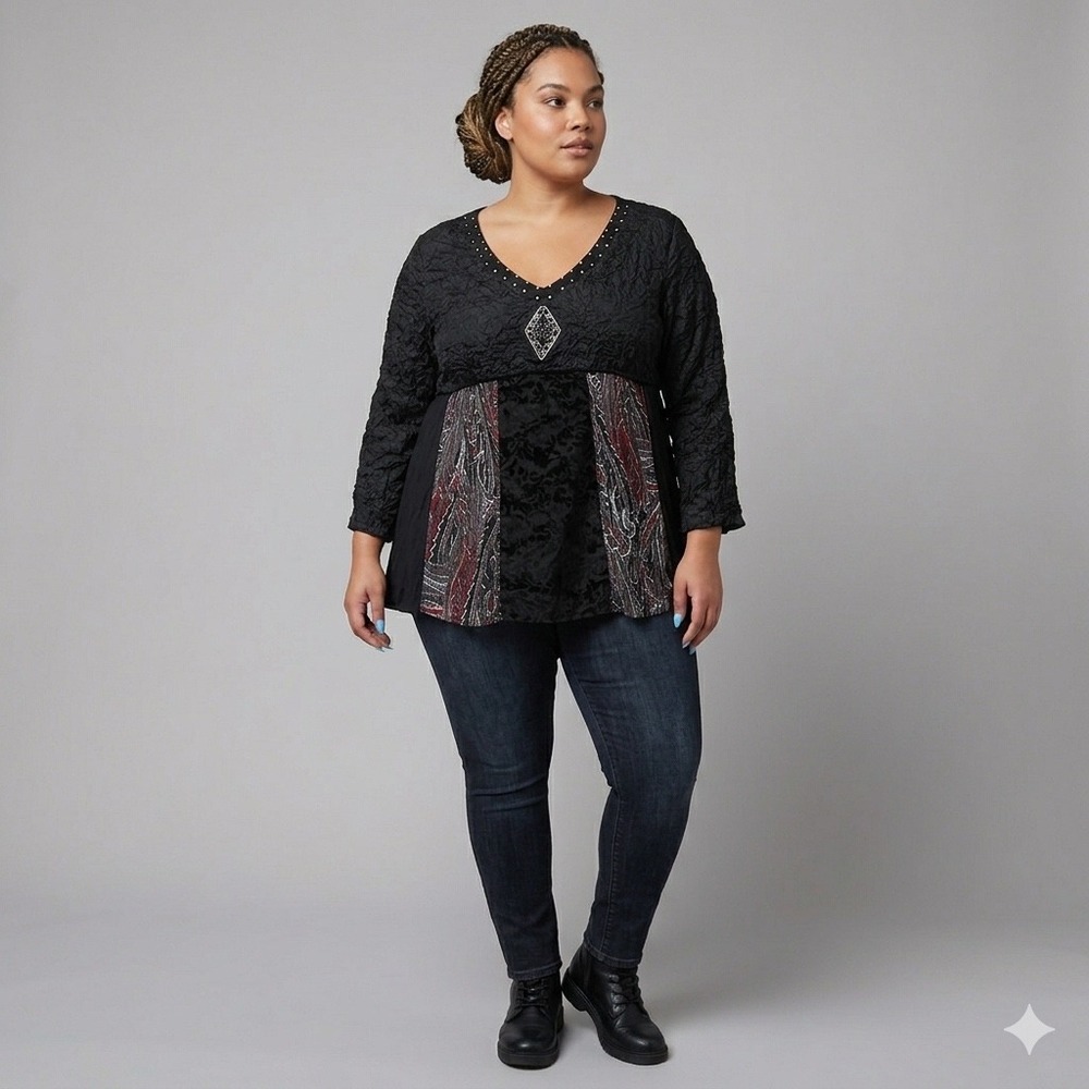 Faded Glory Womens Plus 26W 28W Black Artsy Gypsy Paisley Crinkle Blouse Boho